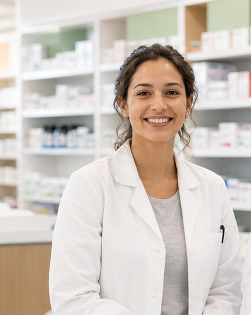 Pharmacist behind the counter at Main Drug Mart